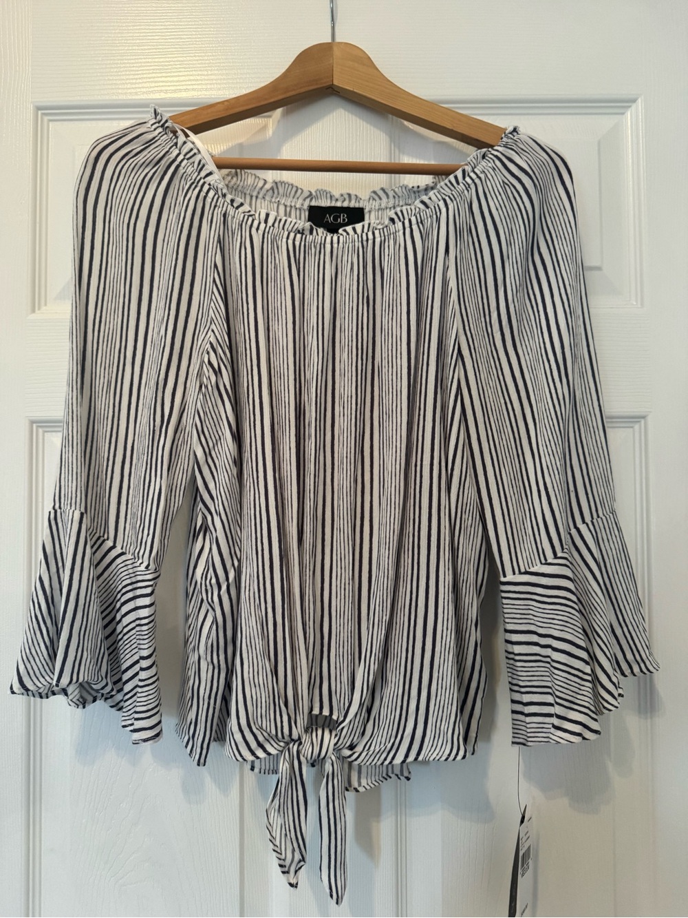 AGB Black and White Striped Off-Shoulder Tie-Hem Blouse